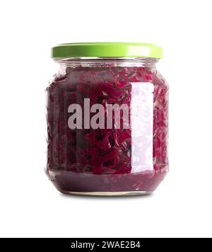 Rotkohl, hausgemachtes, fermentiertes deutsches Blaukraut im Glas mit Deckel. Roher Rotkohl, fermentiert durch Milchsäurebakterien. Stockfoto