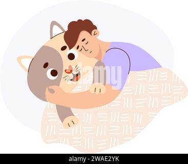 Der schlafende Mann umarmt ein großes Katzenspielzeug-Kissen. Weiches Plüschtier. Anti-Stress-Kuscheltier mit extra großen Kissen. Niedlicher männlicher Charakter im flachen Stil. Vektor Stock Vektor