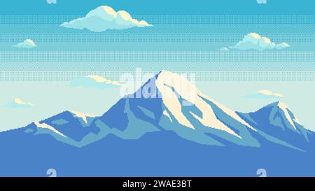 Pixel Art Berge mit Wolken nahtlosem Hintergrund. Landschaft für Retro-Videospiele oder -Anwendungen. Vektorabbildung Stock Vektor