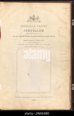 Ordnance Survey of Jerusalem : erstellt mit der Sanktion des rechten Hon. Earl de Grey und Ripon, Secretary of State for war / von Charles W. Wilson, unter der Leitung von Henry James, Charles William Wilson, 1865 Buchkarton. Leinen (Material). Leder. Papier. Fotodruck/Chevron-Marmor-Papier/Albumendruck Stockfoto