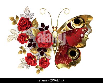 Roter Pfauenaugenblume Schmetterling mit rot strukturiertem Flügel, verziert mit einer Komposition aus roten, künstlerisch bemalten Rosen mit goldenen Stielen und Blättern o Stock Vektor