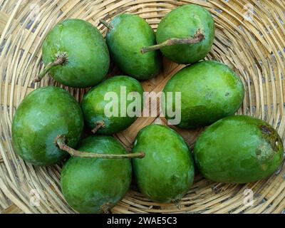 Grüne Mango, im Korb in Indien Sommerfrucht, indische grüne Mango Stockfoto