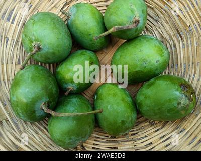 Grüne Mango, im Korb in Indien Sommerfrucht, indische grüne Mango Stockfoto