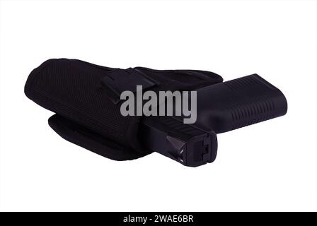 Eine Nahaufnahme einer schwarzen 9-mm-Pistole im Holster Stockfoto