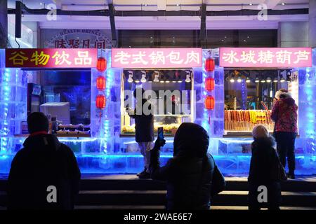 (240104) -- HARBIN, 4. Januar 2024 (Xinhua) -- Touristen kaufen Snacks an einem eisgemachten Stand in Harbin, nordöstlicher chinesischer Provinz Heilongjiang, 3. Januar 2024. Die Provinz Heilongjiang verfügt über reichlich Eis- und Schneeressourcen, was sie zu einem beliebten Reiseziel für Wintertourismus in China macht und zahlreiche Touristen aus dem in- und Ausland während der Neujahrsferien anzieht. Die „ICE City“ Harbin, die Hauptstadt der Provinz Heilongjiang, begrüßte fast 3,05 Millionen Besucher und erzielte während des Feiertags, der Montag endete, 5,91 Milliarden Yuan (etwa 832,39 Millionen US-Dollar) an Tourismuseinnahmen. Um mehr zu gewinnen Stockfoto