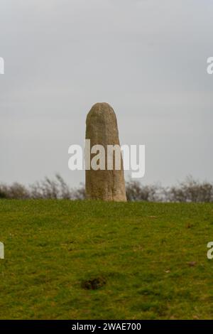 Eine vertikale Aufnahme des Steins des Schicksals auf dem Hügel von Tara in Irland an einem bewölkten Tag Stockfoto