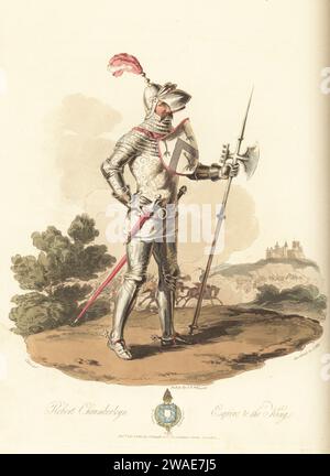 Robert Chaumberleyn, Esquire an König Heinrich V., 15. Jahrhundert. In voller Kampfrüstung mit Helm, geblümtem silbernem Mantel, Plattenrüstung, Emblem Schild, bewaffnet mit Kampfaxt, Schwert und Dolchen. Mit Sir Thomas Erpinghams Wappen. Aus dem Stifter-Buch, Cotton MS Nero D VII, f. 142v. Handkolorierter Kupferstich von John Augustus Atkinson, Aquatinated von John Hill, nach einer Illustration von Charles Hamilton Smith aus seiner eigenen Auswahl des antiken Kostüms von Großbritannien und Irland, Colnaghi and Co., London, 1814. Stockfoto