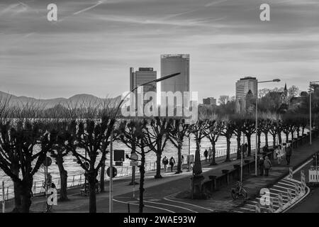 Bonn, Deutschland - 17. Dezember 2023 : Panoramablick auf die Rheinpromenade und den Campus der Vereinten Nationen und den Postturm Stockfoto