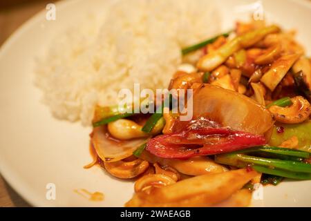 PHUKET, THAILAND - 18. APRIL 2023: Nahaufnahme von Hühnchen und gebratenem Reis aus Cashewnüssen, serviert im WOK-IN vom Crab House in Big C Extra Phuket 2. Stockfoto