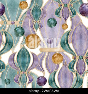 Handgezeichnetes Mardi Gras Karnevalssymbol. Fleur de Lis Iris Lilienblüte mit Glaskugeln Konfetti. Nahtloses Muster isoliert auf weiß Stockfoto