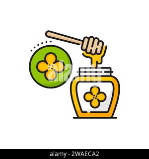 Raps-, Rapshonig-Symbol, lineares Vektorzeichen für goldene Tropfen, die aus dem Pendel in ein Glas mit Colza-Brassica-Blume tropfen, symbolisieren natürliche Zutaten und Symbol für biologische Produktion Stock Vektor