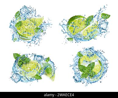 Realistischer Mojito, Eiswürfel, Limettenfrüchte, Spritzer- und Minzblätter. 3D Wirbel, Welle und Fluss des Vektor-Alkohol-Drinks. Kubanische Mojito-Cocktail-Spritzer mit Limonadenwasser, Zitrusfruchtsaft, Rum und Eis Stock Vektor