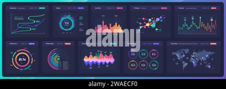 Dashboard-Datendiagramme, Infografiken, Diagramme und Infodiagramme. Diagramme für Geschäftspräsentationen, Finanzleistung und Marktanalyse Infografiken Vektorfelder mit Wold Map, Diagrammen und Diagrammen Stock Vektor