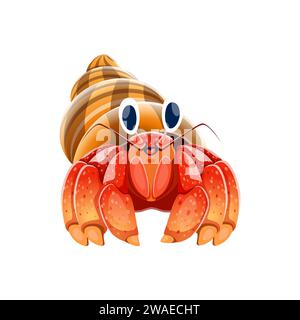 Zeichentrickfilm-Einsiedler-Krabbenfigur. Meeres- oder Meeresboden, Tier- und Tierwelt, Unterwasserwelt lustige Persönlichkeit. Tropisches Meereskrebstier isolierter Vektorcharakter, Einsiedlerkrabbe mit Muschelmaskottchen Stock Vektor