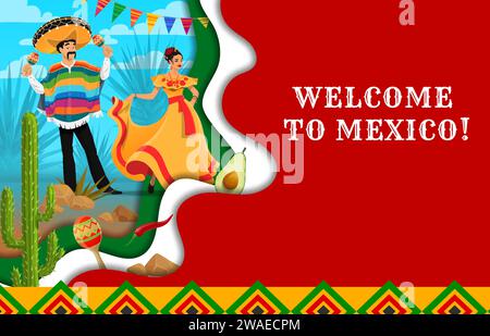 Viva Mexico, Begrüßungsbanner mit mexikanischer Tänzerin und Mariachi-Musiker, Kakteen und blaue Agave in der Wüste, Vektor-Hintergrund. Mexikanisches Reiseplakat mit Mann in Sombrero und Poncho mit Maracas Stock Vektor