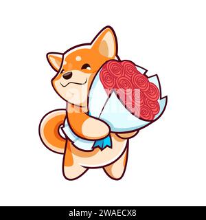 Cartoon Kawaii PET shiba inu Hundefigur mit Blumen. Vektor süße japanische Welpen Tierfigur mit Blumenstrauß von roten Rosen, glücklichem Gesicht und entzückendem Lächeln. Lustiges shiba-inu-Hund-Emoji mit Geschenk Stock Vektor