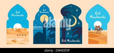 EID Mubarak Urlaub, Moscheefenster mit arabischen Landschaften. Islam Ramadan Kareem Vektor-Grußkarte, muslimischer Tempel, Minarett, Nachthimmel, Mond und Sterne. Wüste, Palmen und Kamele im Bogenfenster Stock Vektor