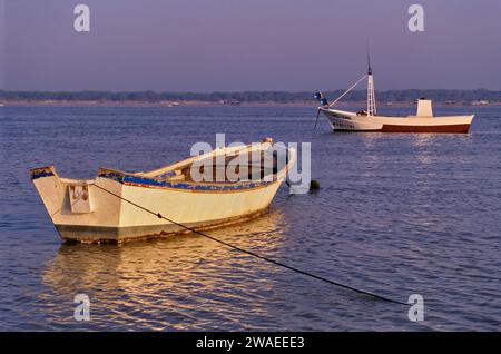 Fischerboote am Rio Guadalquivir in der Nähe der Mündung des Mittelmeers, an der Küste des Doñana-Nationalparks in dist, in Sanlucar de Barrameda, Andalusien, Spanien Stockfoto