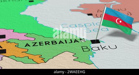 Aserbaidschan, Baku - Nationalflagge auf politischer Karte fixiert - 3D-Illustration Stockfoto