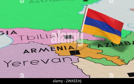 Armenien, Jerewan - Nationalflagge auf politischer Karte fixiert - 3D-Illustration Stockfoto