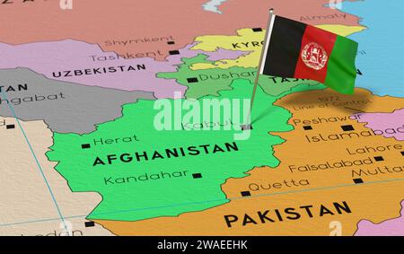 Afghanistan, Kabul - Nationalflagge auf politischer Karte fixiert - 3D-Illustration Stockfoto