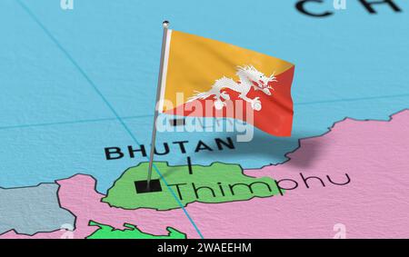 Bhutan, Timphu - Nationalflagge auf politischer Karte fixiert - 3D-Illustration Stockfoto