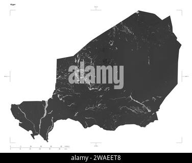 Form einer grauen Höhenkarte mit Seen und Flüssen des Nigers, mit Entfernungsskala und Kartengrenzkoordinaten, isoliert auf weiß Stockfoto