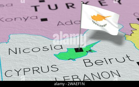 Zypern, Nikosia - Nationalflagge auf politischer Karte fixiert - 3D-Illustration Stockfoto