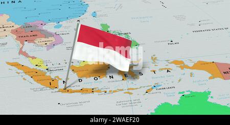 Indonesien, Jakarta - Nationalflagge auf politischer Karte fixiert - 3D-Illustration Stockfoto