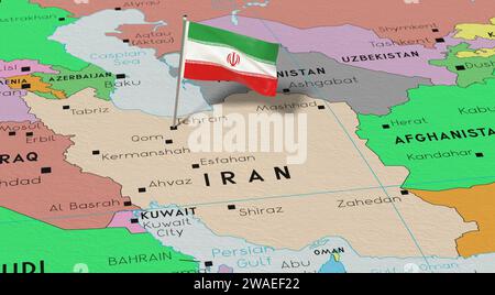 Iran, Teheran - Nationalflagge auf politischer Karte fixiert - 3D-Illustration Stockfoto