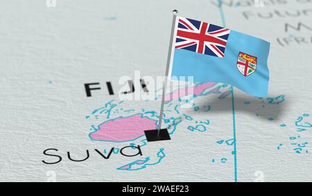 Fidschi, Suva - Nationalflagge auf politischer Karte fixiert - 3D-Illustration Stockfoto