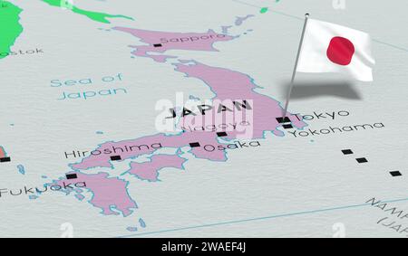 Japan, Tokio - Nationalflagge auf politischer Karte fixiert - 3D-Illustration Stockfoto