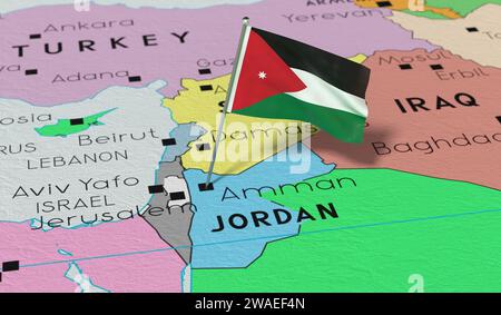 Jordanien, Amman – Nationalflagge auf politischer Karte befestigt – 3D-Illustration Stockfoto