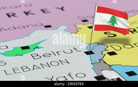 Libanon, Beirut - Nationalflagge auf politischer Karte fixiert - 3D-Illustration Stockfoto