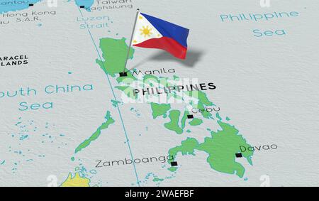 Philippinen, Manila - Nationalflagge auf politischer Karte fixiert - 3D-Illustration Stockfoto