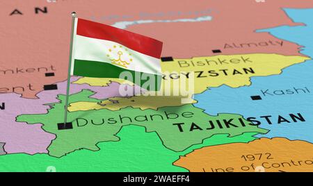 Tadschikistan, Duschanbe - Nationalflagge auf politischer Karte fixiert - 3D-Illustration Stockfoto