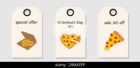 Vektorset mit Rabattpreismarken. Etiketten mit Pizza in Form eines Herzens. Liebe. Valentinstag-Angebot. Stock Vektor