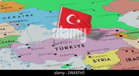 Turkyie, Ankara - Nationalflagge auf politischer Karte fixiert - 3D-Illustration Stockfoto