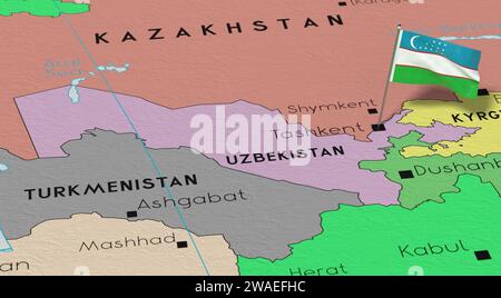 Usbekistan, Taschkent - Nationalflagge auf politischer Karte fixiert - 3D-Illustration Stockfoto