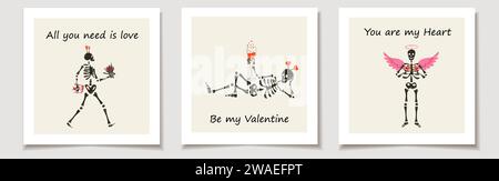 Set Valentinskarten mit Skelett und Dekor für den Valentinstag. Liebe, Valentinstag Stock Vektor