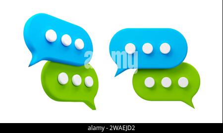 Lebendige 3D-Sprechblasen in Blau und Grün symbolisieren digitale Kommunikation, Social Media Dialoge und Botschaften. Vektormaterial Stock Vektor