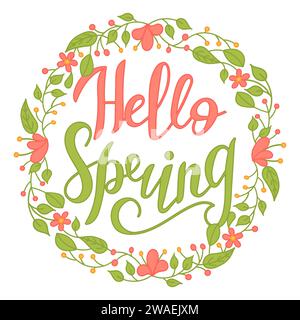 Frühling – Handschriftdesign auf weißem Hintergrund in einem Blumenrahmen. Stock Vektor