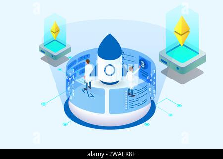 Programmierung und Codierung isometrischer Landing-Page-Vorlage Free Vector Stock Vektor