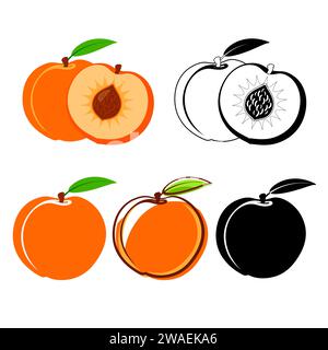 Halb und ganz Pfirsich. Pfirsichsymbol. Logo. Pfirsiche isoliert auf weißem Hintergrund. Vektorabbildung. Stock Vektor