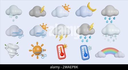 Symbol für 3D-Wetterset-Emoji. Wolke mit Sonne, Halbmond, Blitz, Regen, Wind und Schnee. Symbol für kreatives Zeichentrickdesign isoliert auf blauem Hintergrund.3d Stockfoto
