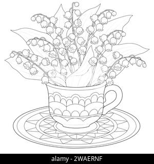 Strauß von Lilien aus dem Tal in einem Bechervektor. Schwarz-weiß. Seite „Art Therapy Coloring“ (Kunsttherapie). Vektorabbildung Stock Vektor