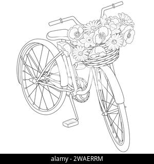 Fahrrad mit einem Korb mit Blumen schwarz-weiß Illustration zum Färben. Schwarz-weiß. Seite „Art Therapy Coloring“ (Kunsttherapie). Vektorabbildung Stock Vektor