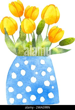 Komposition von gelben Tulpen in einer Vase. Blaue Vase mit Blumen und grünen Blättern. Aquarellillustration. Einfacher stilisierter Stil. Botanischer Blumenstrauß des Frühlings Stock Vektor