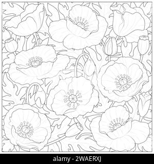 Luxuriöser schwarzer und weißer Mohn Blume Linie Kunst Hintergrund Vektor. Natürliche botanische elegante Blumenlinie Kunst. Design für Dekoration, Wanddekor, Tapete, Cover, Banner, Poster, Karte. Stock Vektor