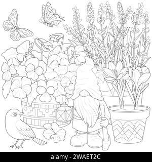 Gartenzwerg mit Vogel und Blumen. Kunsttherapie Ausmalseite für Kinder und Erwachsene. Schwarzweiß isoliert auf weißem Hintergrund.Vektorillustration Stock Vektor